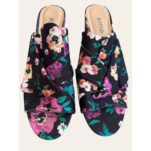 Just Fab Minna Black Floral Ruffle Slip On Block Heel Mule Sandals Size 9.5 - Picture 3 of 6